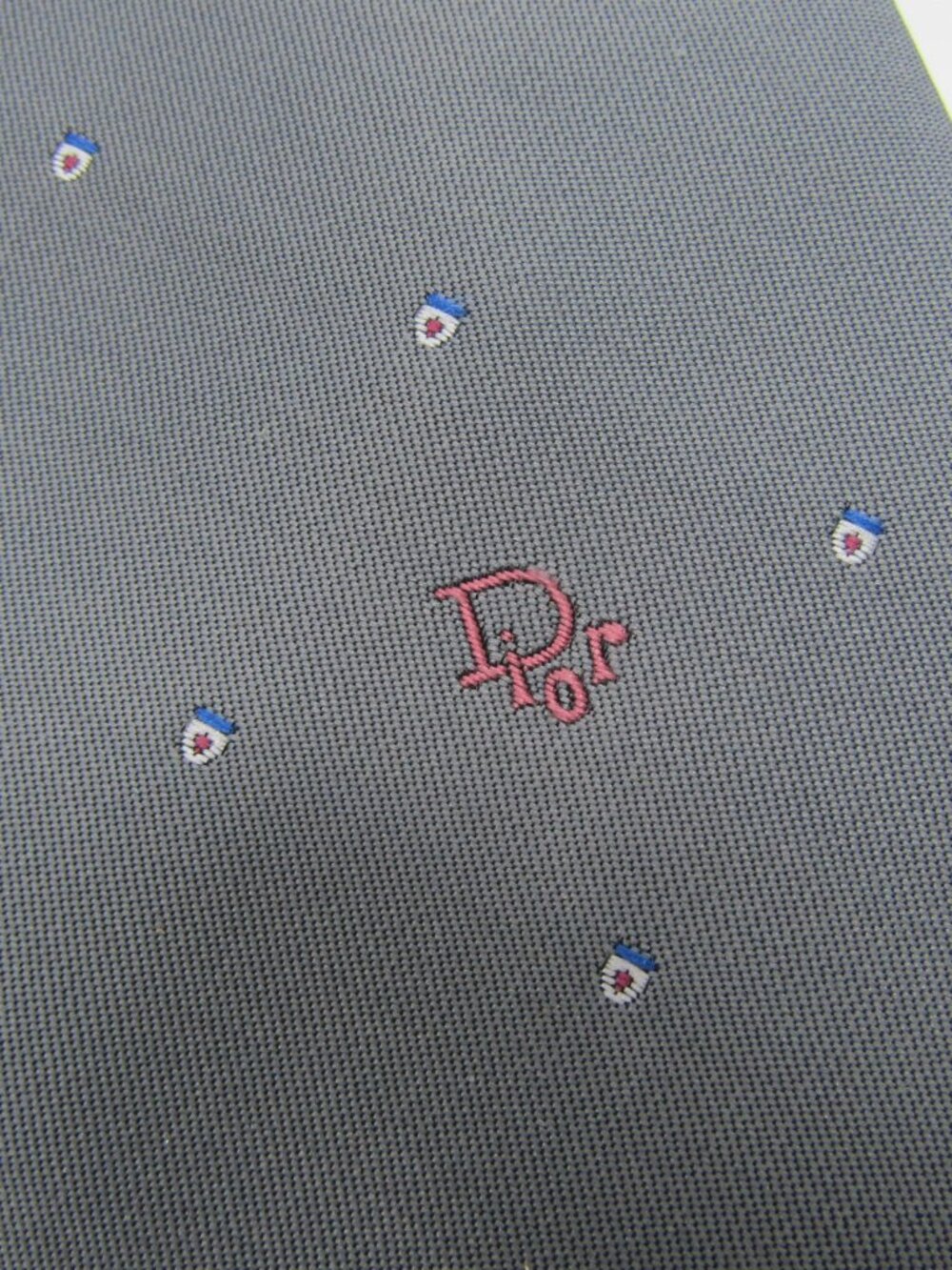 Vintage Christian Dior Gray Silk Blend Woven Medallion Tie Embroidered Logo